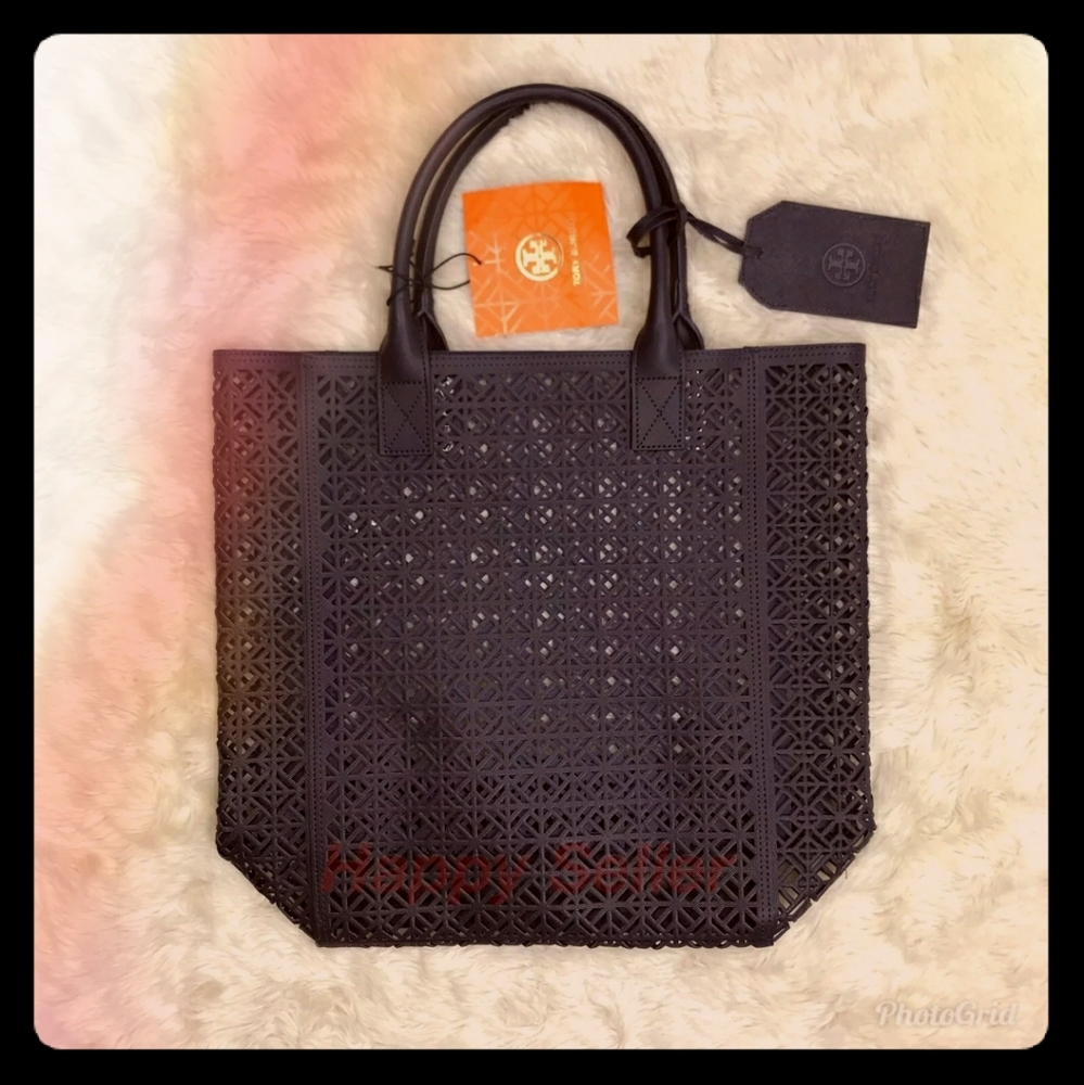 TORY BURCH Large Navy Blue Lace Perforated Bag